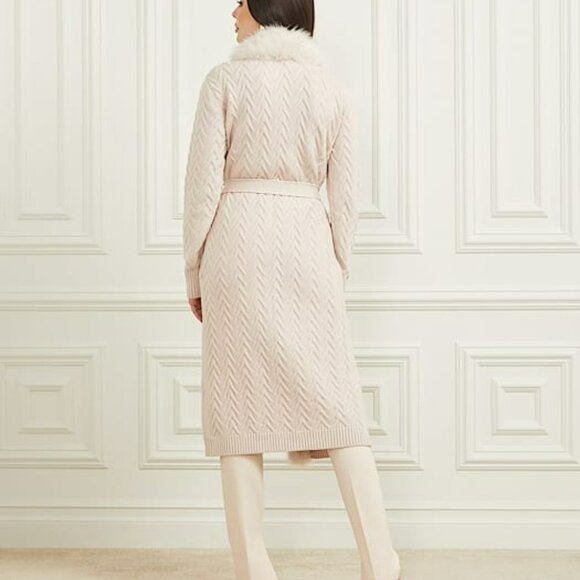 New Guess by Marciano Paula Faux Fur Trimmed Wrap Cardigan Coat With Chevron Kni - Picture 10 of 14